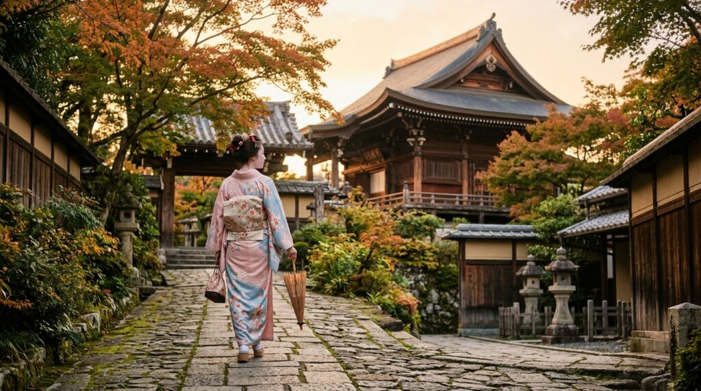 Woman in kimono near temple