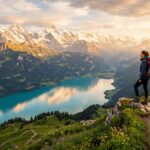 A budget traveler gazing over the Swiss Alps at golden hour