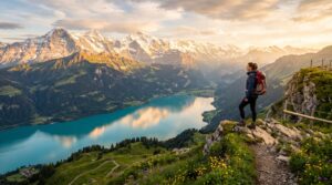 A budget traveler gazing over the Swiss Alps at golden hour