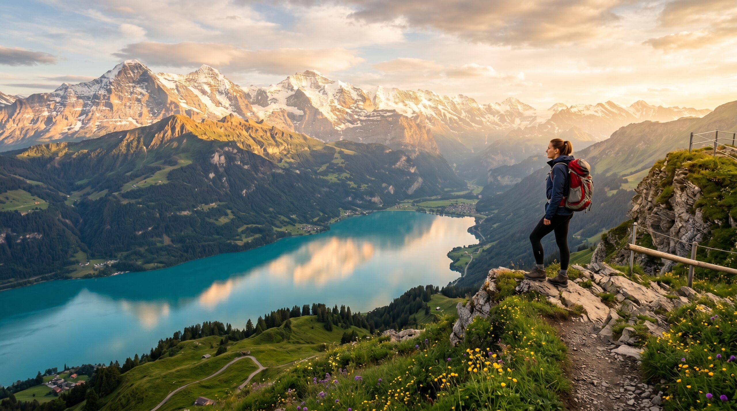 A budget traveler gazing over the Swiss Alps at golden hour
