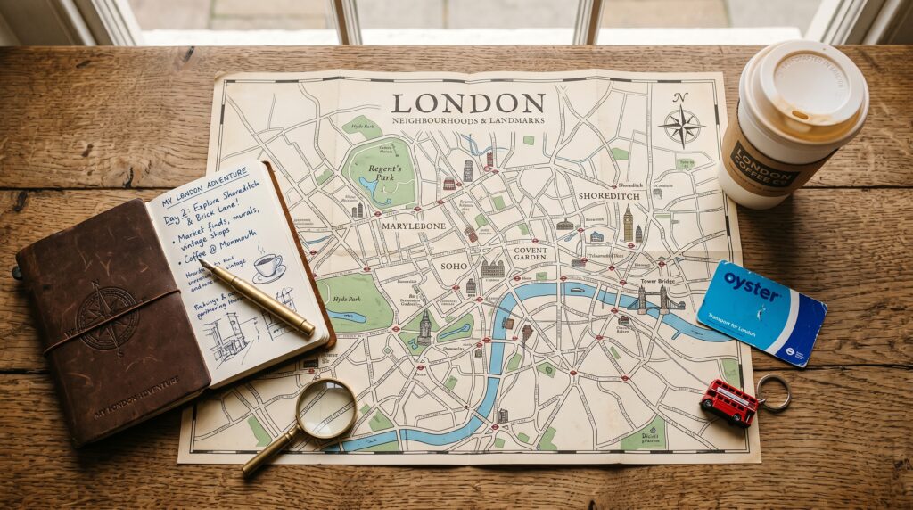 London Neighbourhood Map Flat Lay