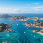 Wide aerial view of six Dutch Caribbean islands scattered across a turquoise Caribbean Sea